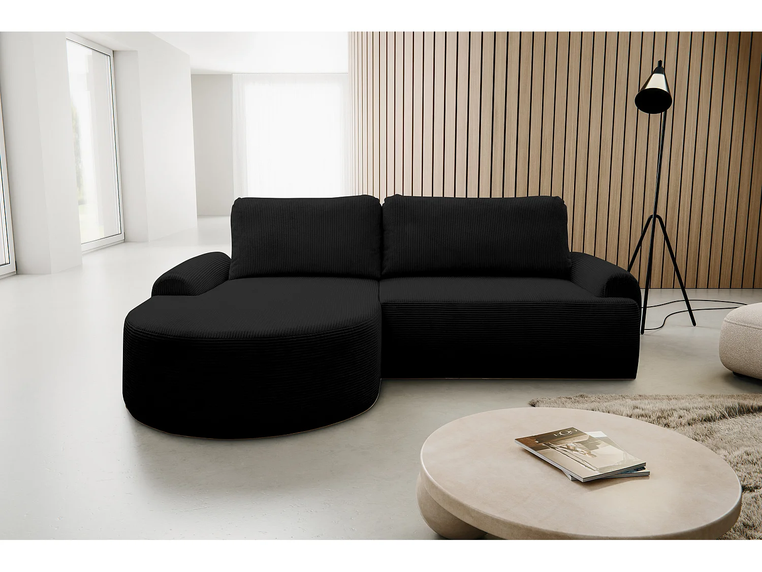 Canapé d'angle Dream Cord avec fonction couchage et coffre de rangement, couleur : noir, tissu cord, pouf à gauche