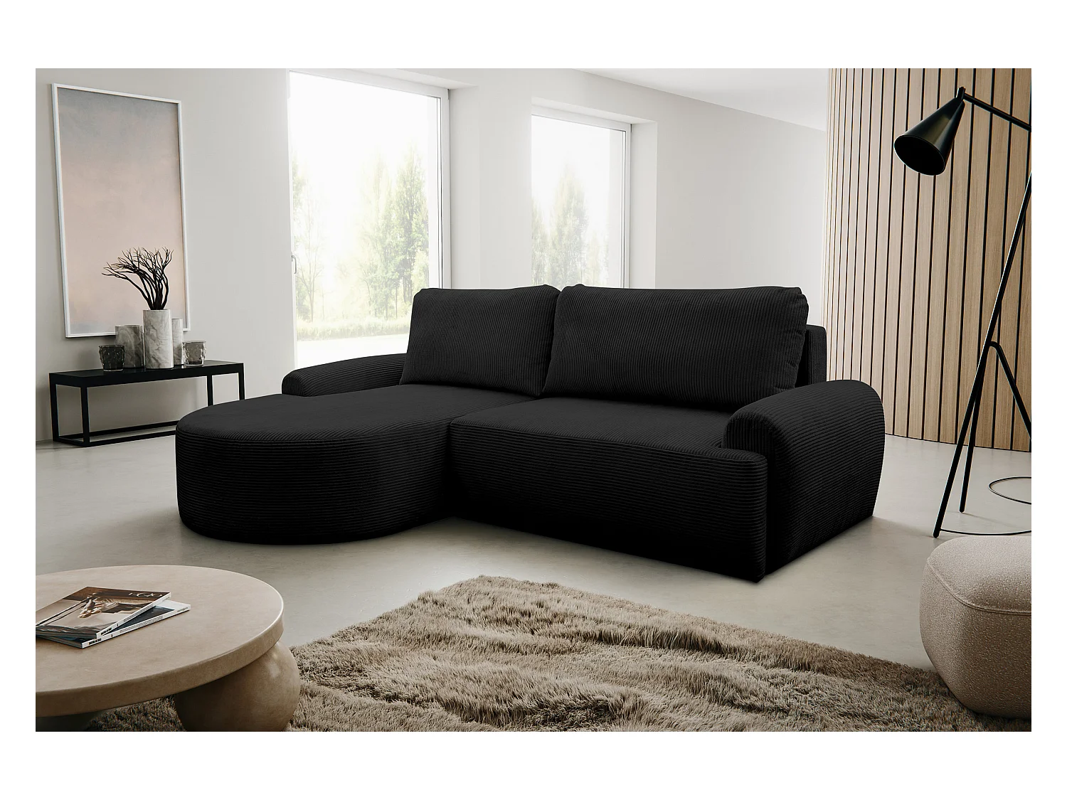 Canapé d'angle Dream Cord avec fonction couchage et coffre de rangement, couleur : noir, tissu cord, pouf à gauche