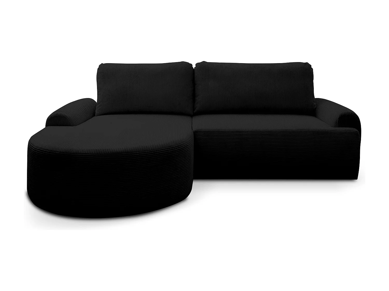 Canapé d'angle Dream Cord avec fonction couchage et coffre de rangement, couleur : noir, tissu cord, pouf à gauche