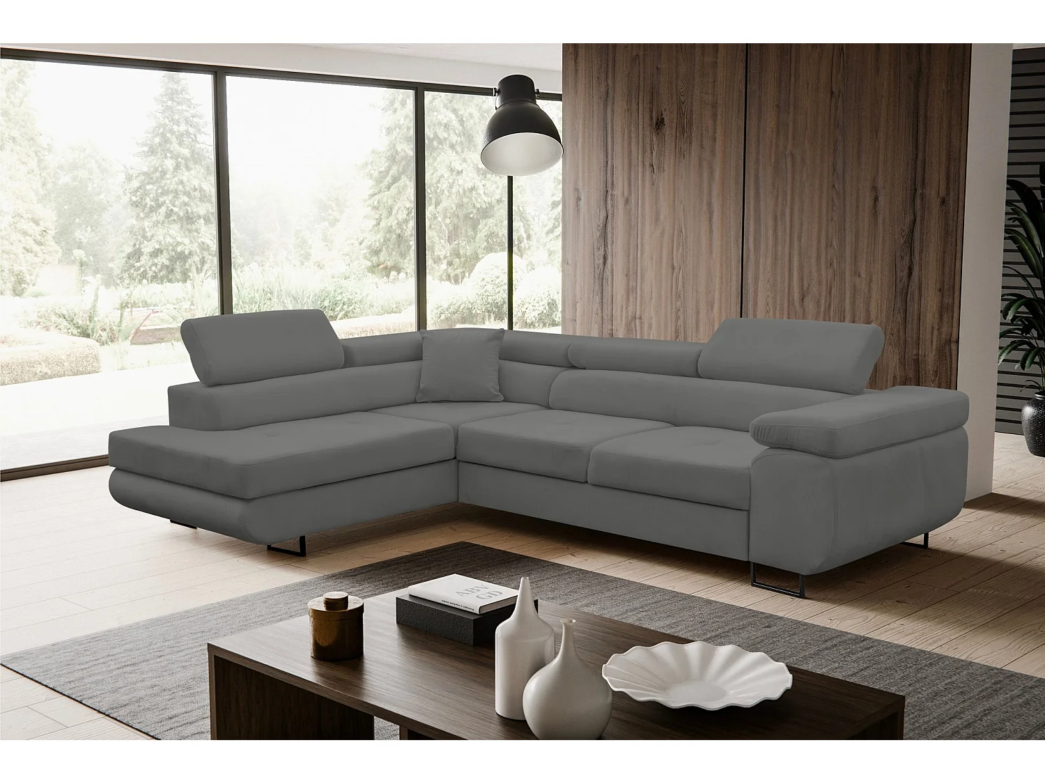 Canapé d'angle Jerry avec fonction couchage et coffre de rangement, couleur : gris, tissu velours, pouf gauche