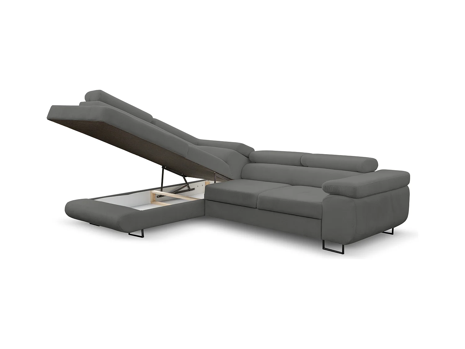 Canapé d'angle Jerry avec fonction couchage et coffre de rangement, couleur : gris, tissu velours, pouf gauche