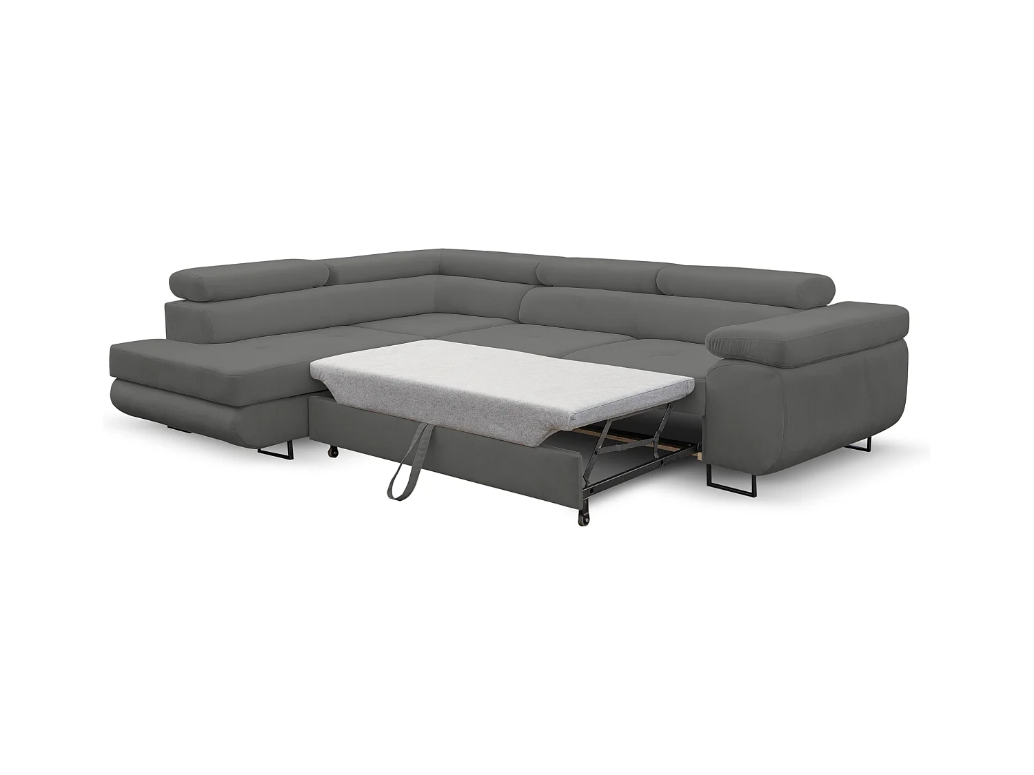 Canapé d'angle Jerry avec fonction couchage et coffre de rangement, couleur : gris, tissu velours, pouf gauche