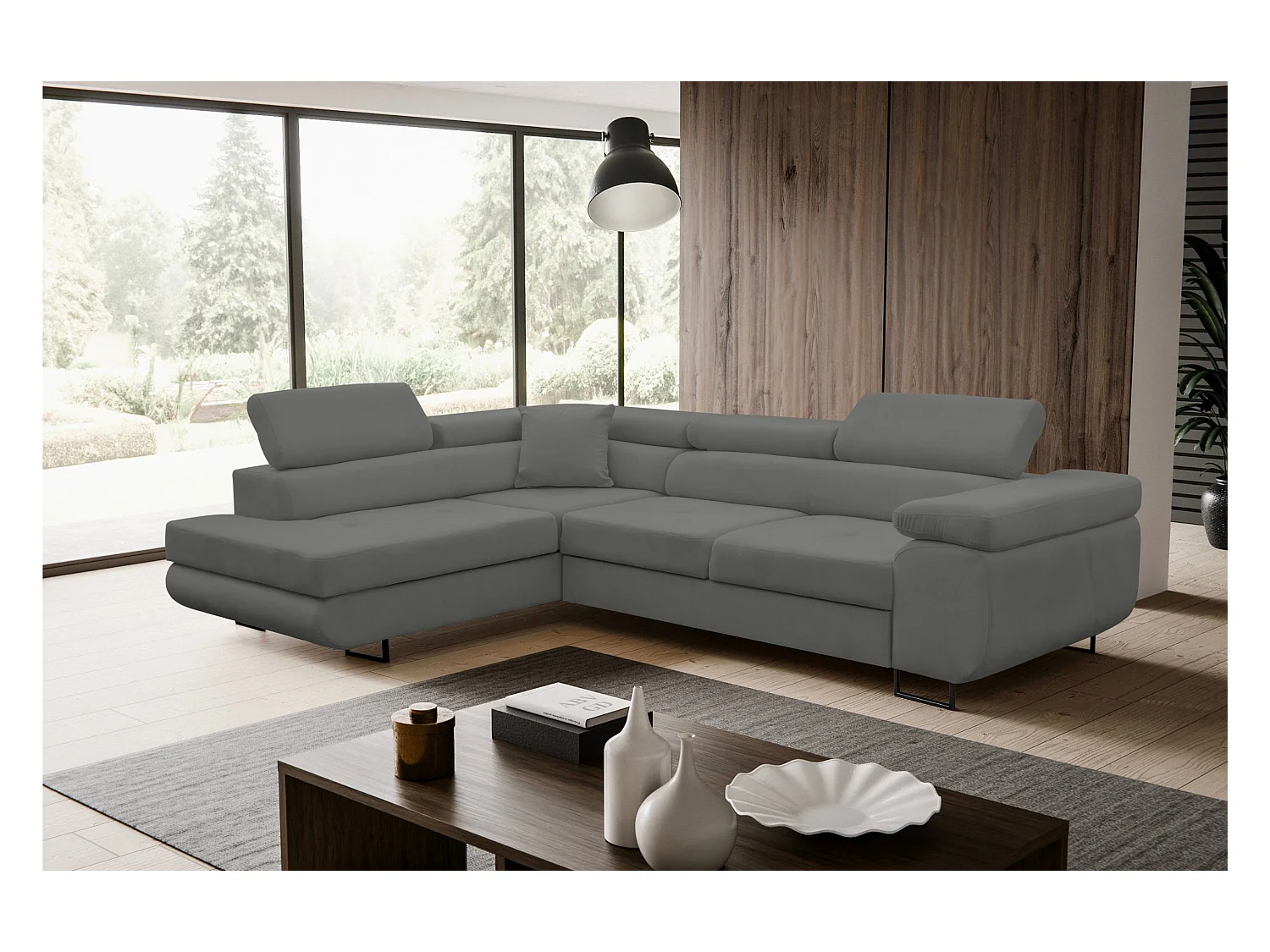 Canapé d'angle Jerry avec fonction couchage et coffre de rangement, couleur : gris, tissu velours, pouf gauche