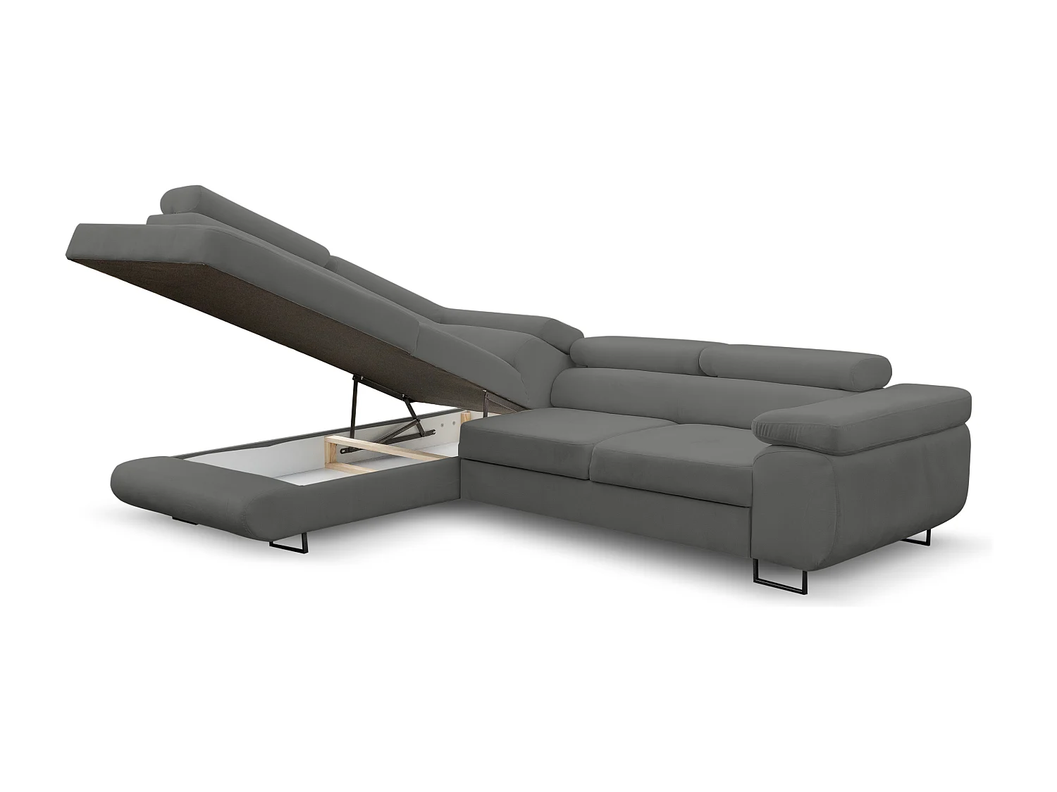 Canapé d'angle Jerry avec fonction couchage et coffre de rangement, couleur : gris, tissu velours, pouf gauche