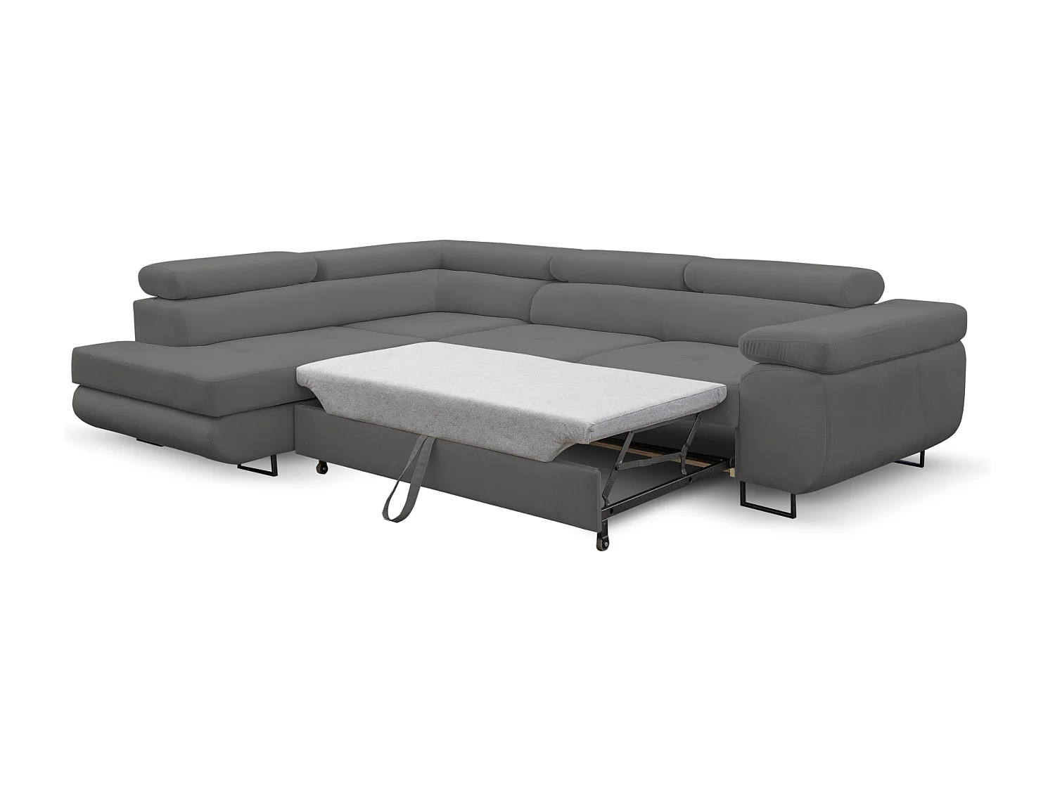 Canapé d'angle Jerry avec fonction couchage et coffre de rangement, couleur : gris, tissu velours, pouf gauche