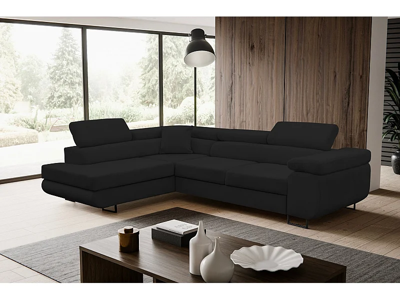 Canapé d'angle Jerry avec fonction couchage et coffre de rangement, couleur : noir, tissu velours, pouf à gauche