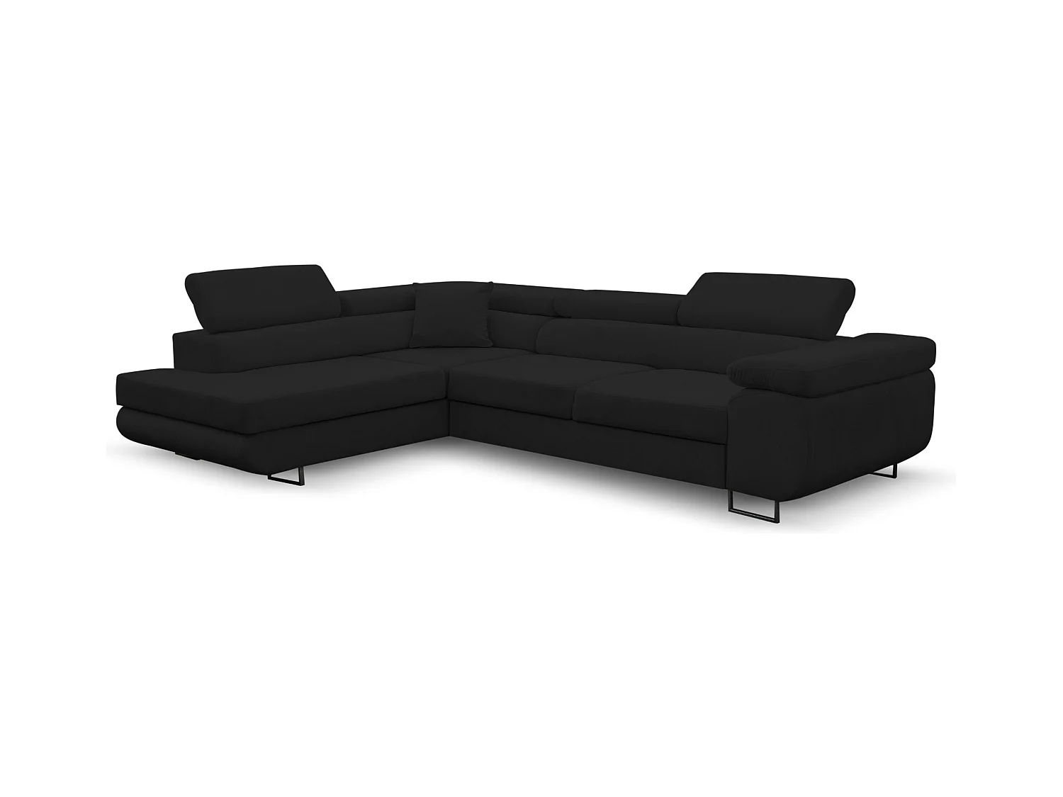 Canapé d'angle Jerry avec fonction couchage et coffre de rangement, couleur : noir, tissu velours, pouf à gauche