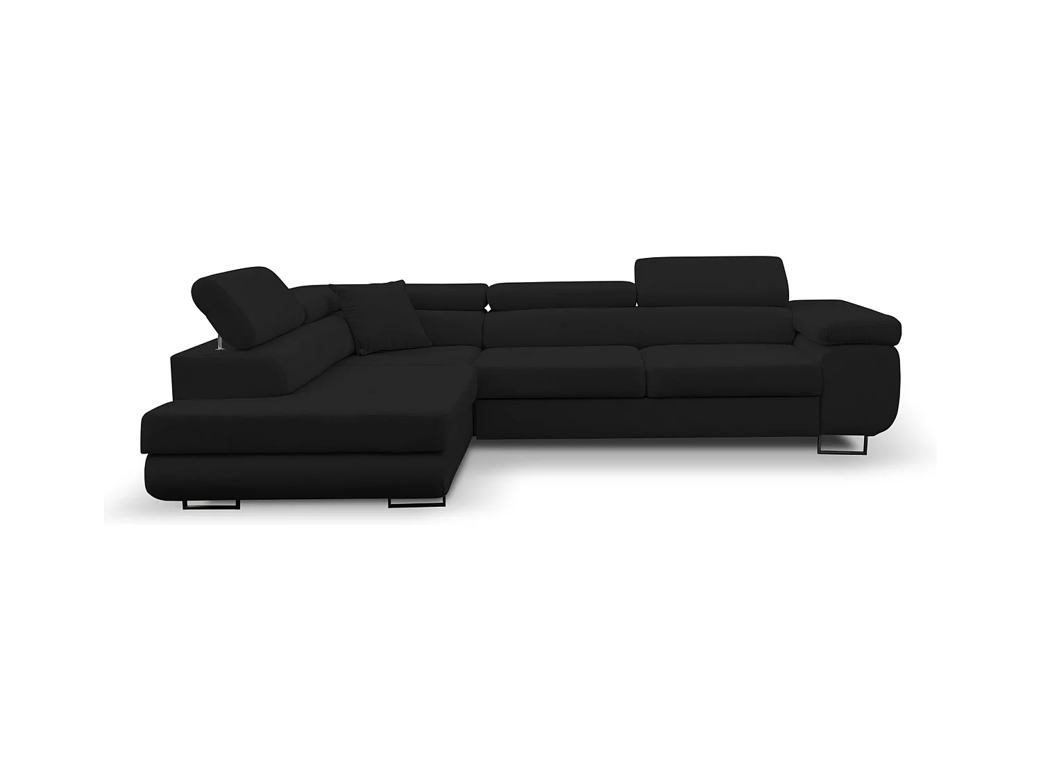 Canapé d'angle Jerry avec fonction couchage et coffre de rangement, couleur : noir, tissu velours, pouf à gauche