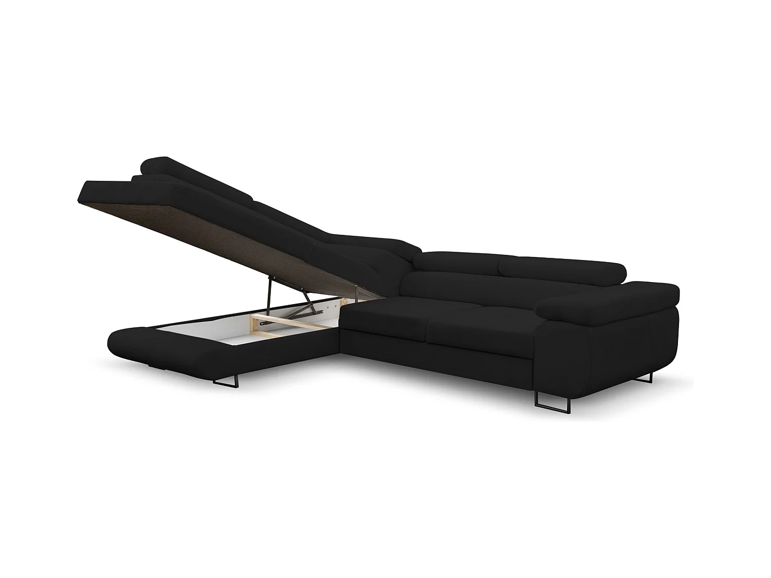 Canapé d'angle Jerry avec fonction couchage et coffre de rangement, couleur : noir, tissu velours, pouf à gauche