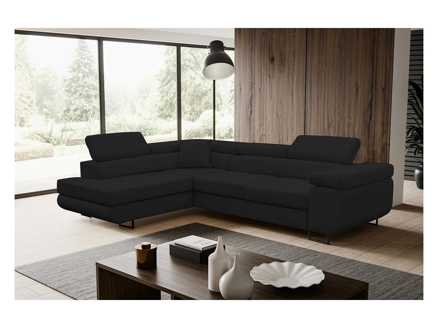 Canapé d'angle Jerry avec fonction couchage et coffre de rangement, couleur : noir, tissu velours, pouf à gauche