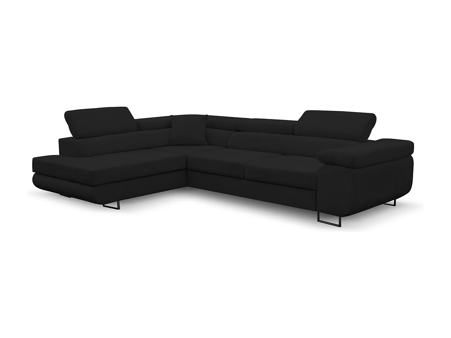 Canapé d'angle Jerry avec fonction couchage et coffre de rangement, couleur : noir, tissu velours, pouf à gauche