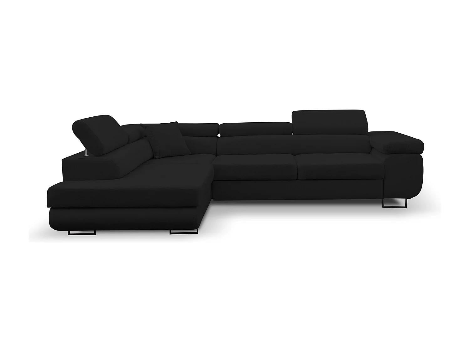 Canapé d'angle Jerry avec fonction couchage et coffre de rangement, couleur : noir, tissu velours, pouf à gauche