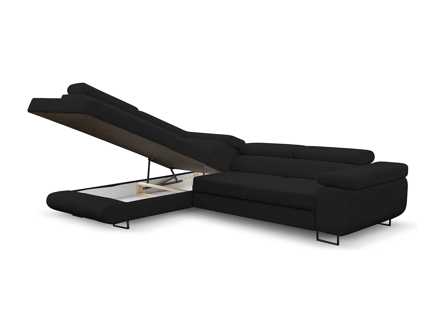 Canapé d'angle Jerry avec fonction couchage et coffre de rangement, couleur : noir, tissu velours, pouf à gauche