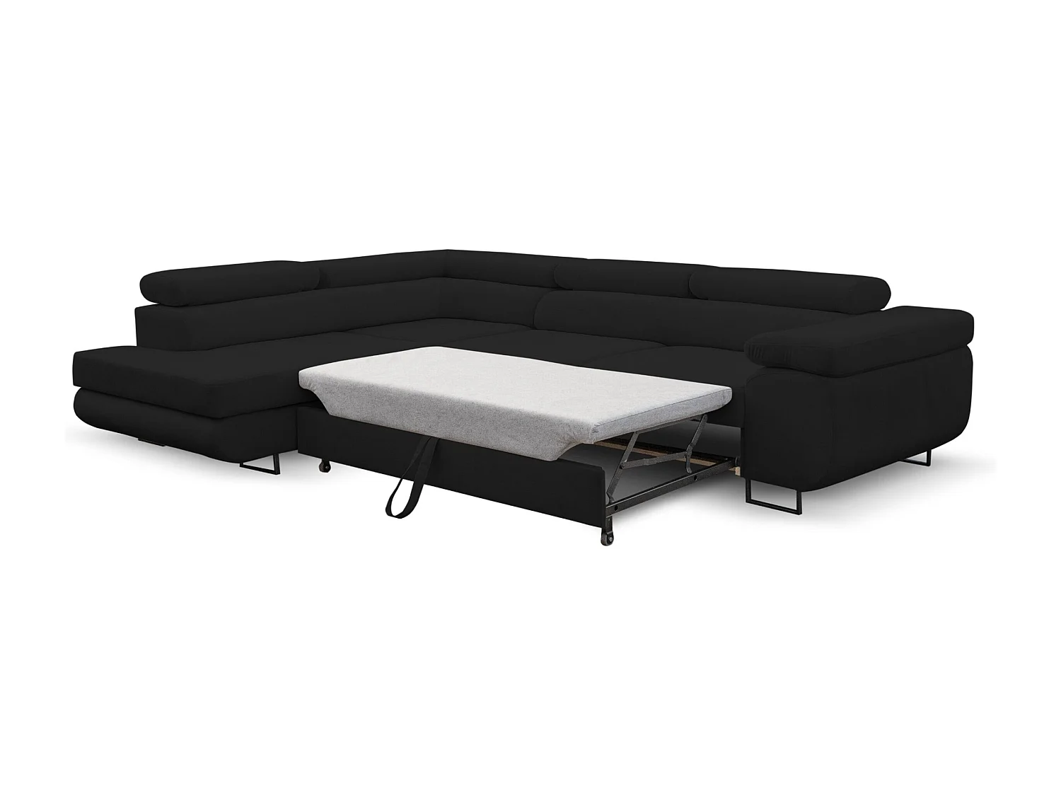 Canapé d'angle Jerry avec fonction couchage et coffre de rangement, couleur : noir, tissu velours, pouf à gauche