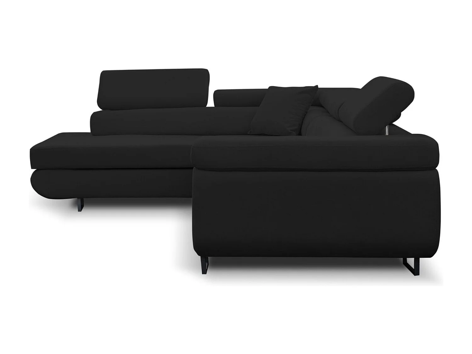 Canapé d'angle Jerry avec fonction couchage et coffre de rangement, couleur : noir, tissu velours, pouf à gauche