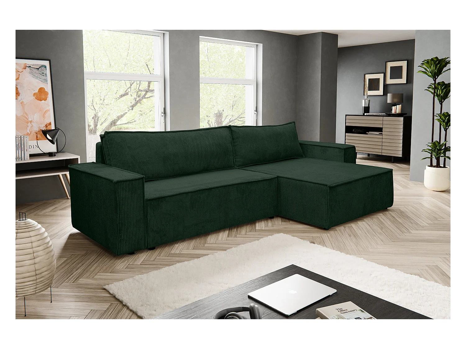 Canapé d'angle Hugo XL avec fonction couchage et coffre de rangement, couleur : vert, tissu velours côtelé, pouf à gauche ou à droite