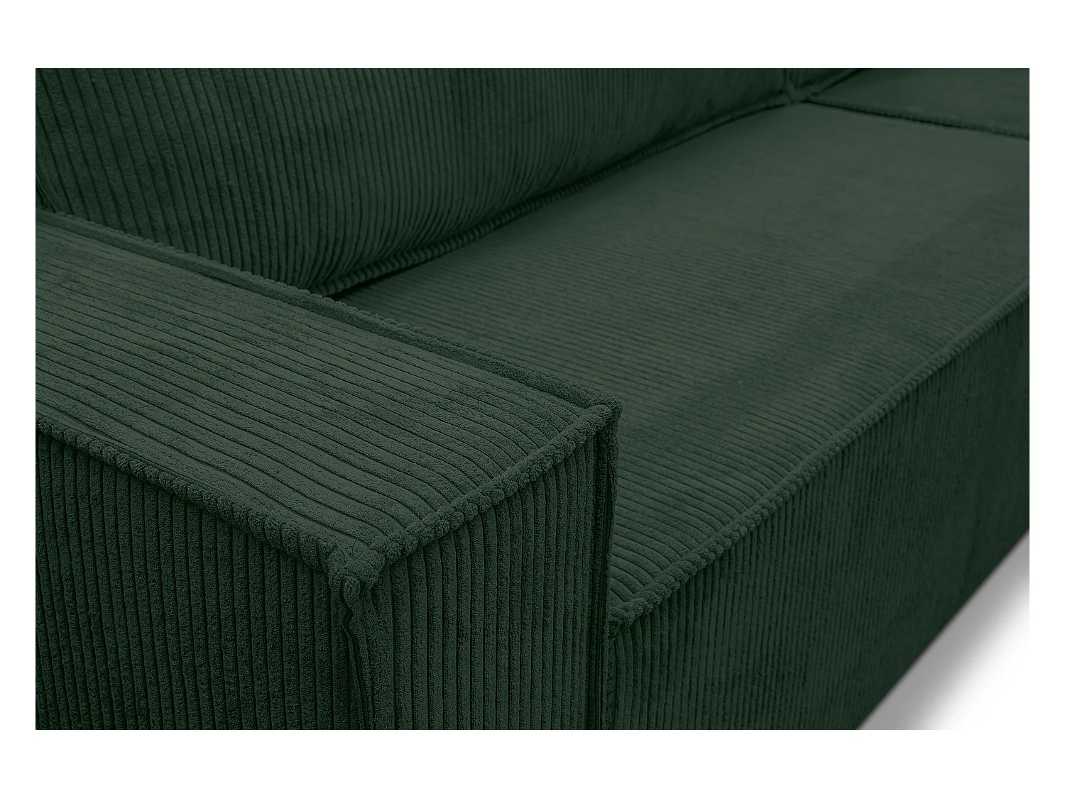 Canapé d'angle Hugo XL avec fonction couchage et coffre de rangement, couleur : vert, tissu velours côtelé, pouf à gauche ou à droite