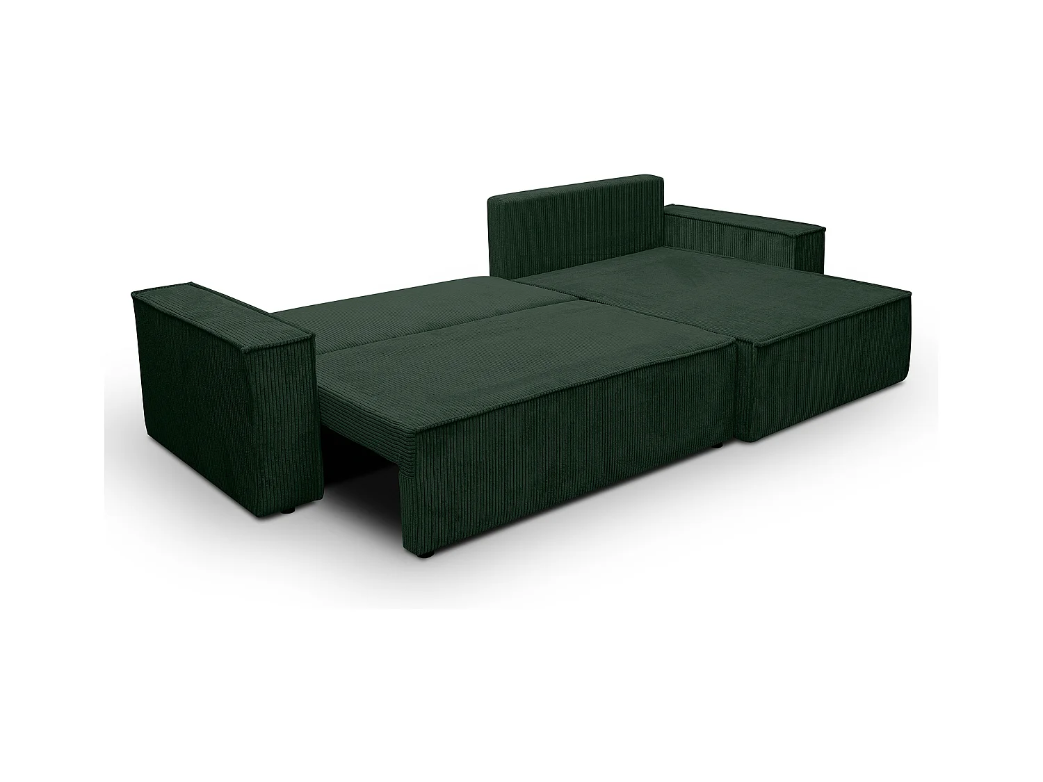 Canapé d'angle Hugo XL avec fonction couchage et coffre de rangement, couleur : vert, tissu velours côtelé, pouf à gauche ou à droite