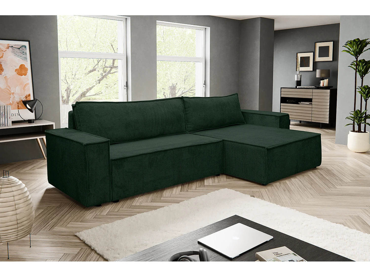 Canapé d'angle Hugo XL avec fonction couchage et coffre de rangement, couleur : vert, tissu velours côtelé, pouf à gauche ou à droite