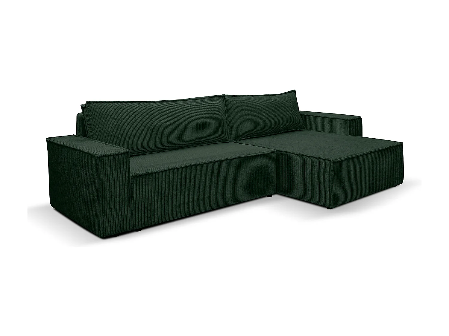 Canapé d'angle Hugo XL avec fonction couchage et coffre de rangement, couleur : vert, tissu velours côtelé, pouf à gauche ou à droite