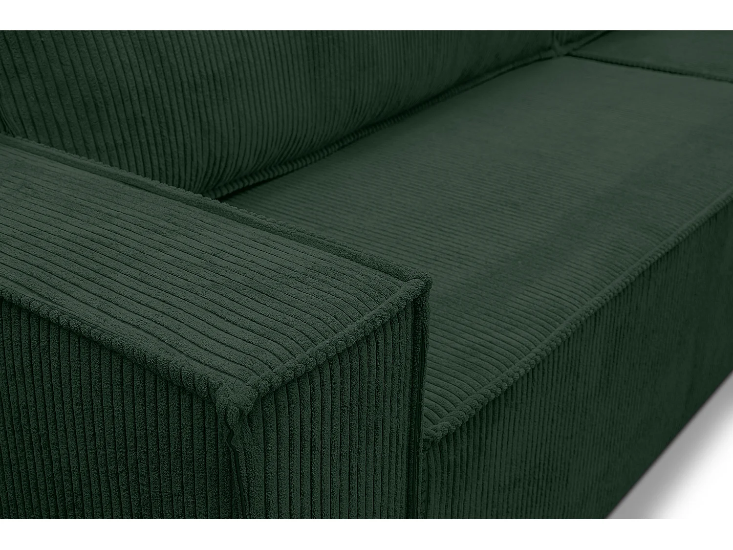 Canapé d'angle Hugo XL avec fonction couchage et coffre de rangement, couleur : vert, tissu velours côtelé, pouf à gauche ou à droite
