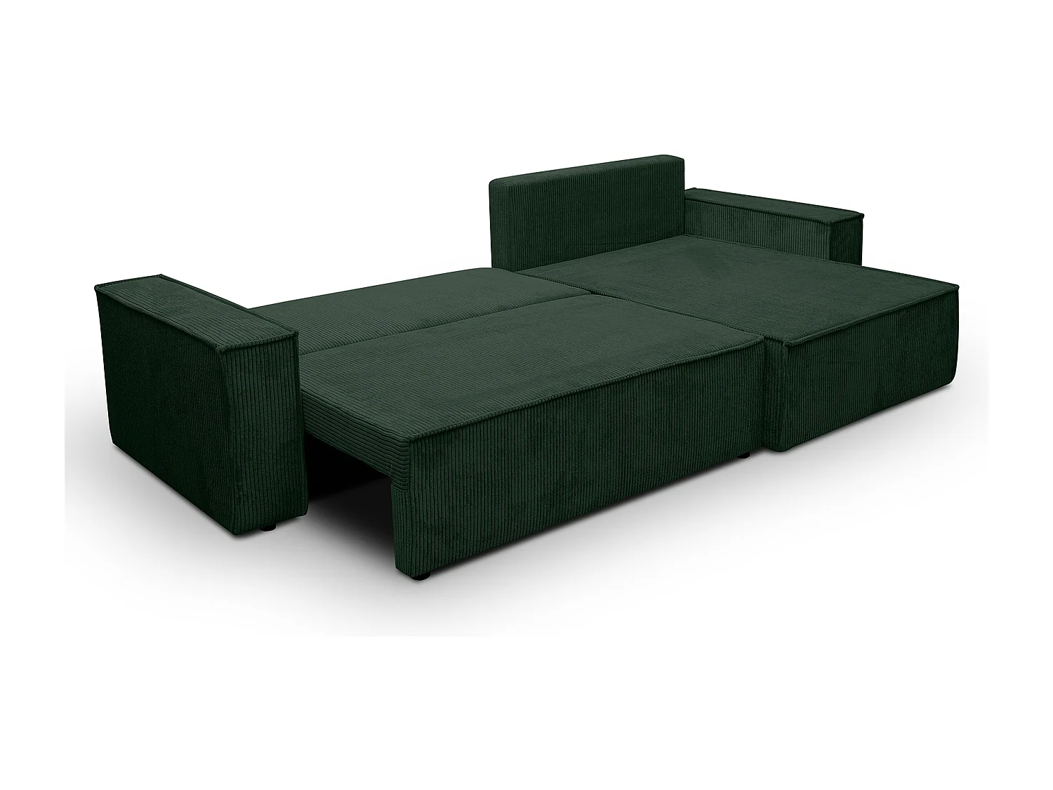 Canapé d'angle Hugo XL avec fonction couchage et coffre de rangement, couleur : vert, tissu velours côtelé, pouf à gauche ou à droite