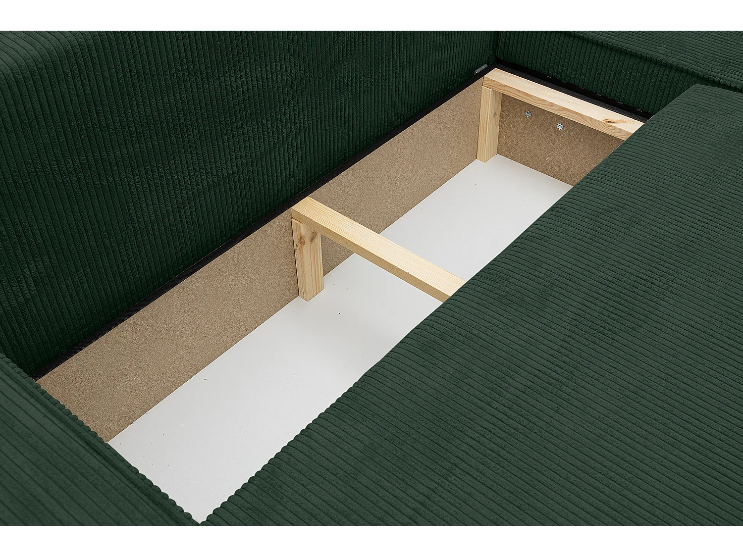 Canapé d'angle Hugo XL avec fonction couchage et coffre de rangement, couleur : vert, tissu velours côtelé, pouf à gauche ou à droite