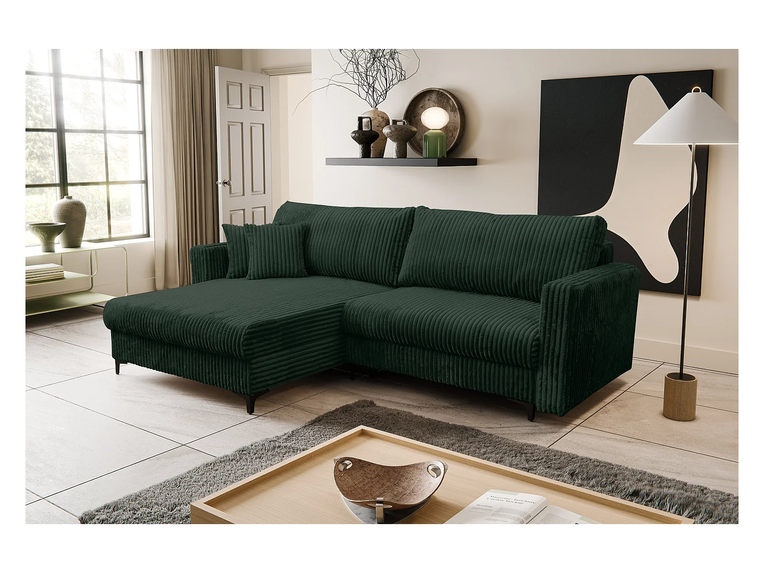 Canapé d'angle Como avec fonction couchage et coffre de rangement, couleur : vert, tissu cordé, pouf à gauche