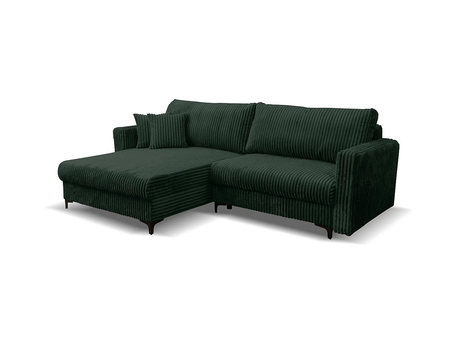 Canapé d'angle Como avec fonction couchage et coffre de rangement, couleur : vert, tissu cordé, pouf à gauche