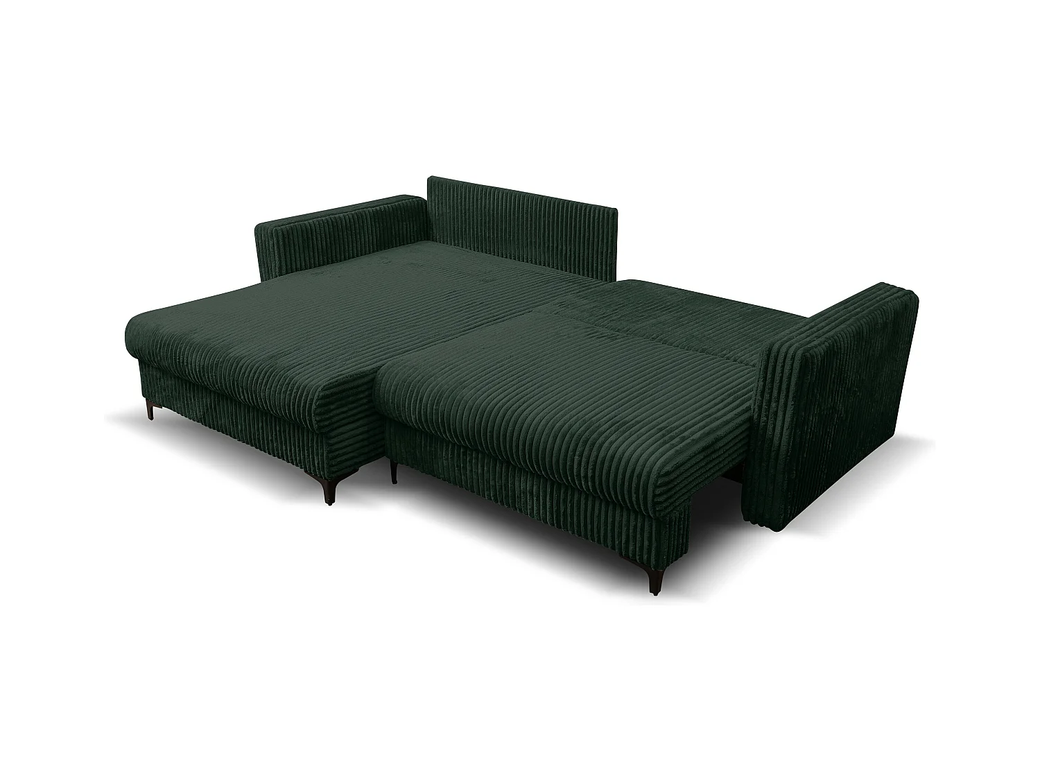 Canapé d'angle Como avec fonction couchage et coffre de rangement, couleur : vert, tissu cordé, pouf à gauche