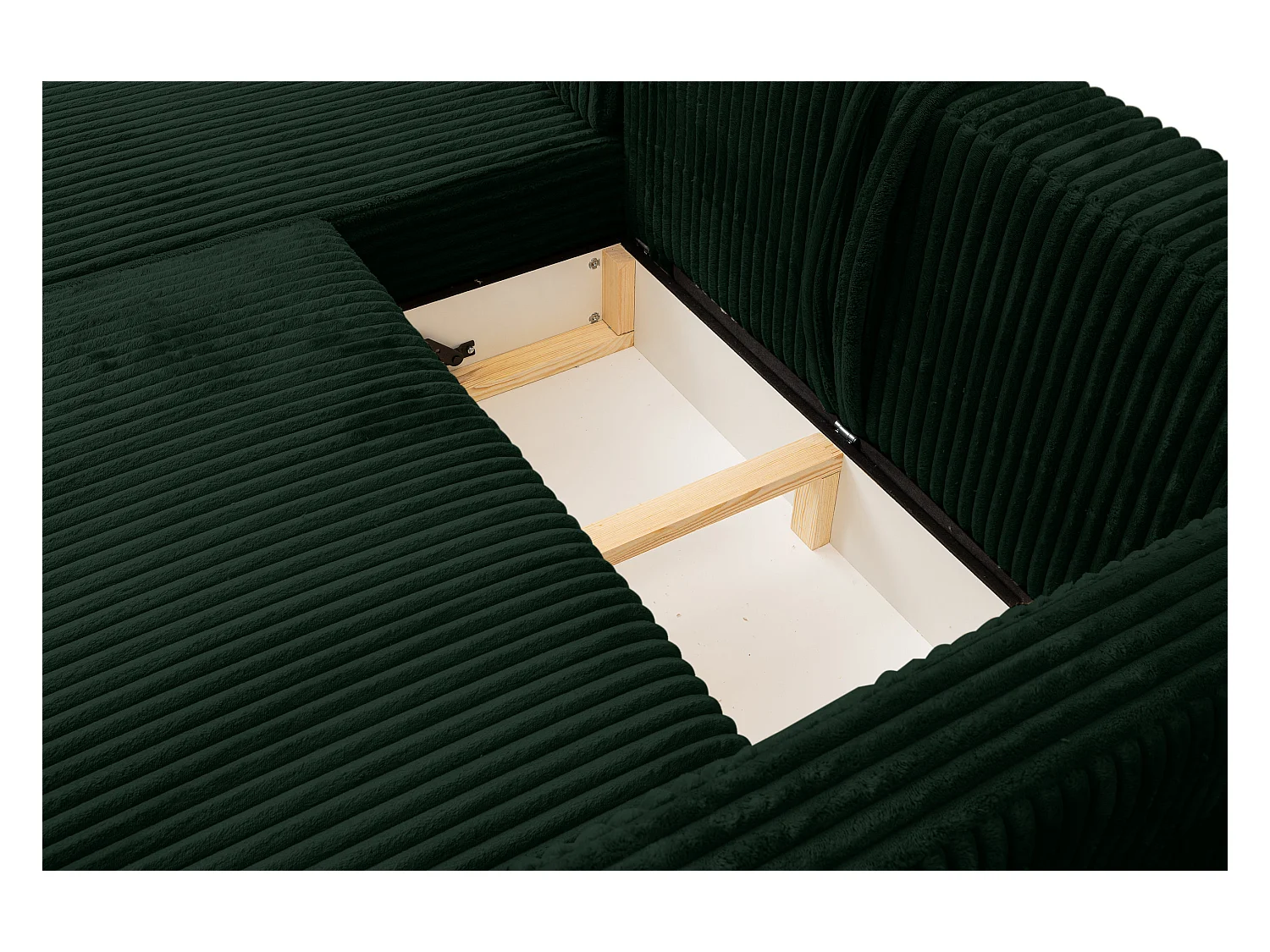 Canapé d'angle Como avec fonction couchage et coffre de rangement, couleur : vert, tissu cordé, pouf à gauche