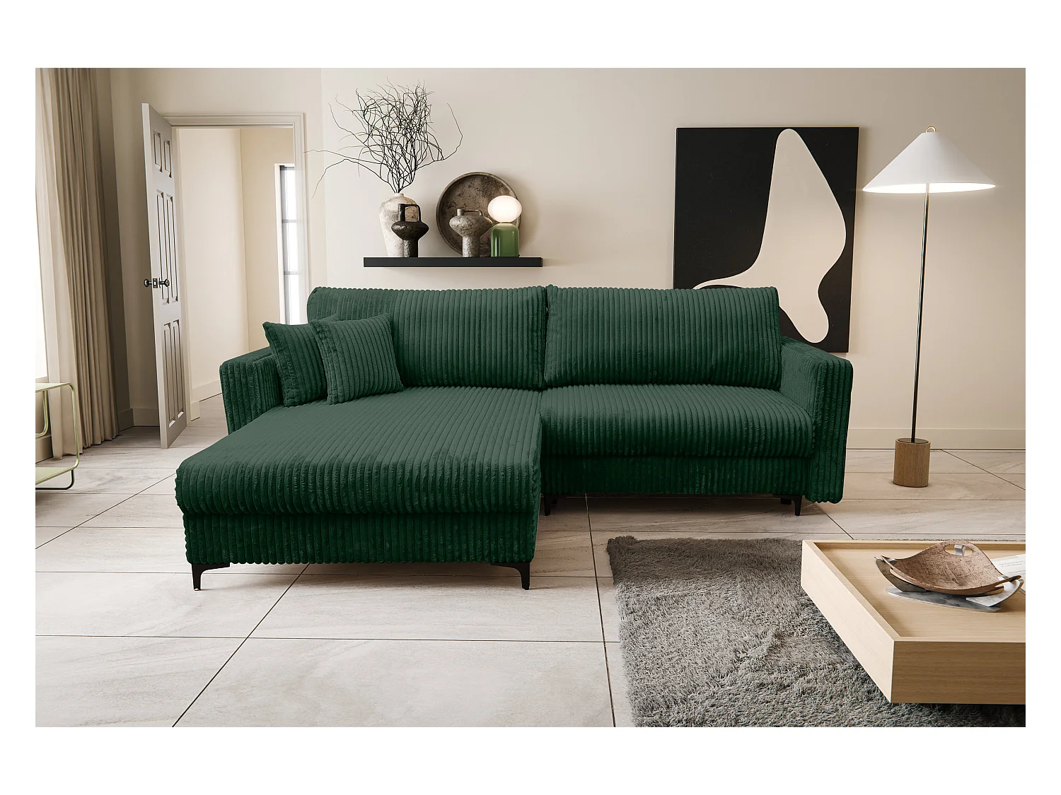 Canapé d'angle Como avec fonction couchage et coffre de rangement, couleur : vert, tissu cordé, pouf à gauche