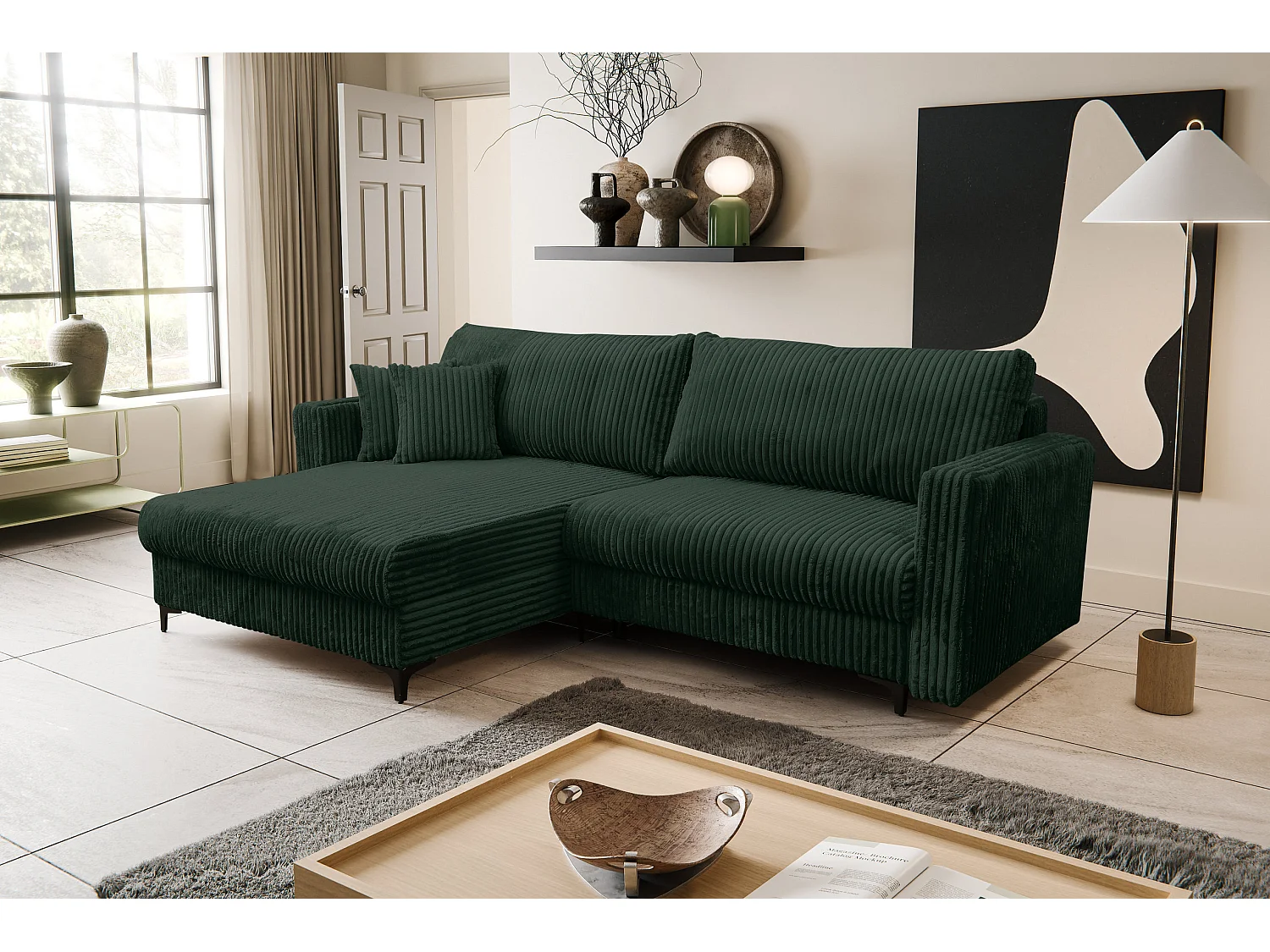 Canapé d'angle Como avec fonction couchage et coffre de rangement, couleur : vert, tissu cordé, pouf à gauche