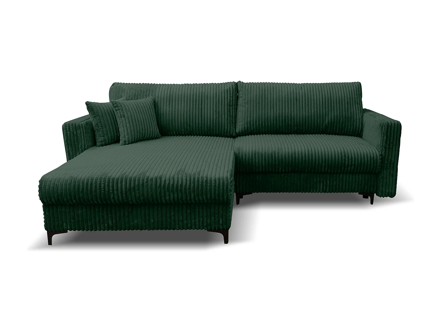 Canapé d'angle Como avec fonction couchage et coffre de rangement, couleur : vert, tissu cordé, pouf à gauche