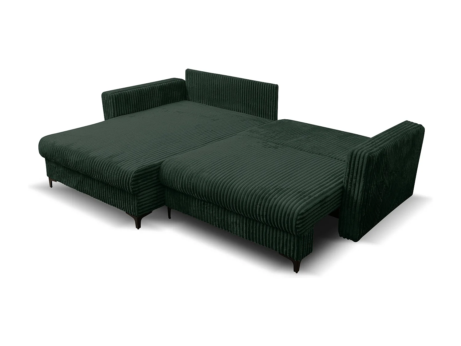 Canapé d'angle Como avec fonction couchage et coffre de rangement, couleur : vert, tissu cordé, pouf à gauche