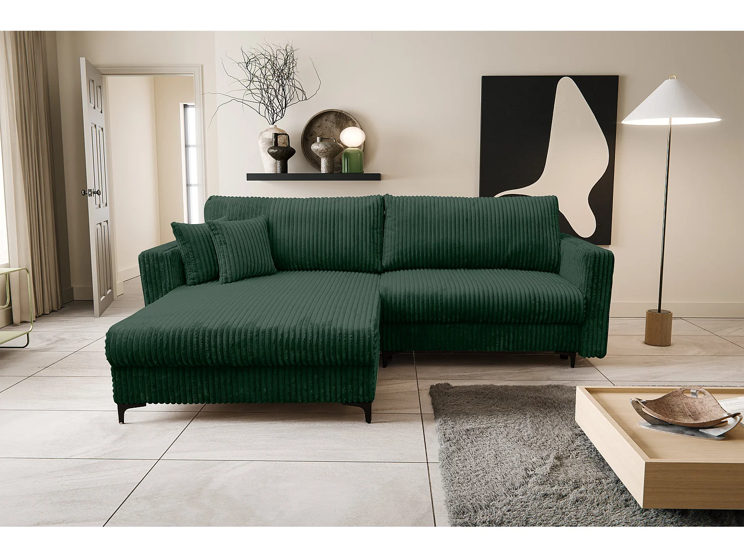 Canapé d'angle Como avec fonction couchage et coffre de rangement, couleur : vert, tissu cordé, pouf à gauche