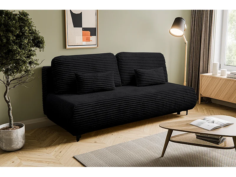 Canapé-lit Etna, canapé avec fonction couchage et coffre de rangement, couleur : noir, tissu cordé, pouf universel