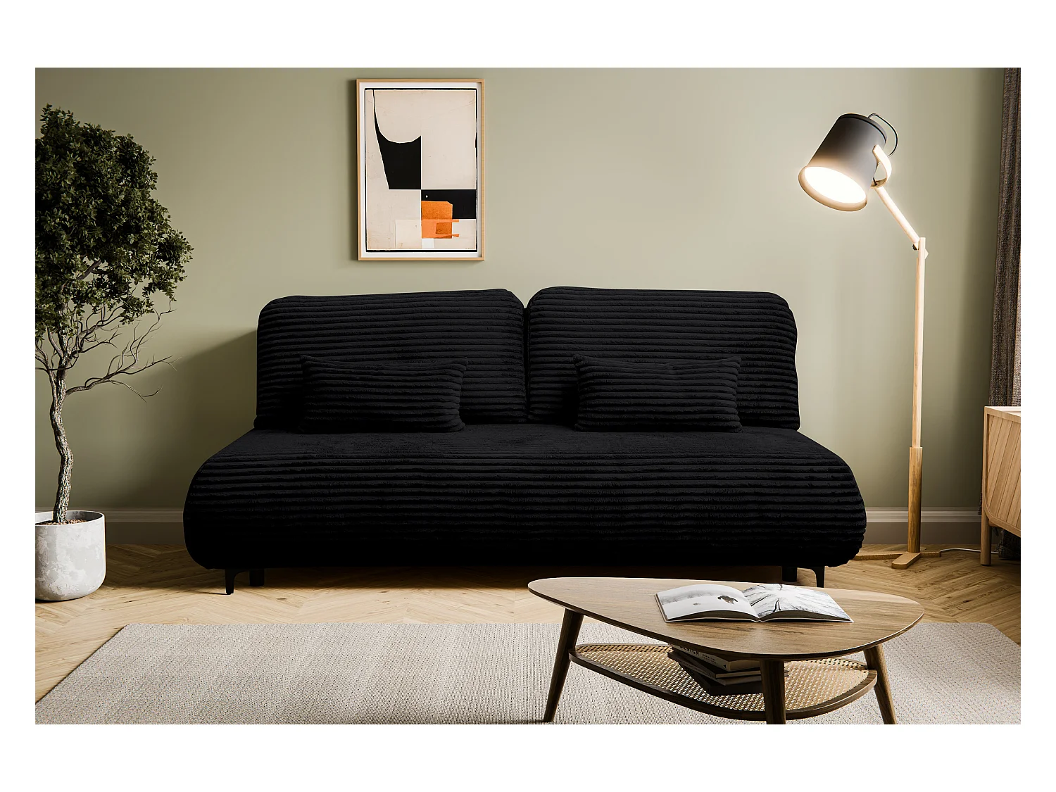 Canapé-lit Etna, canapé avec fonction couchage et coffre de rangement, couleur : noir, tissu cordé, pouf universel