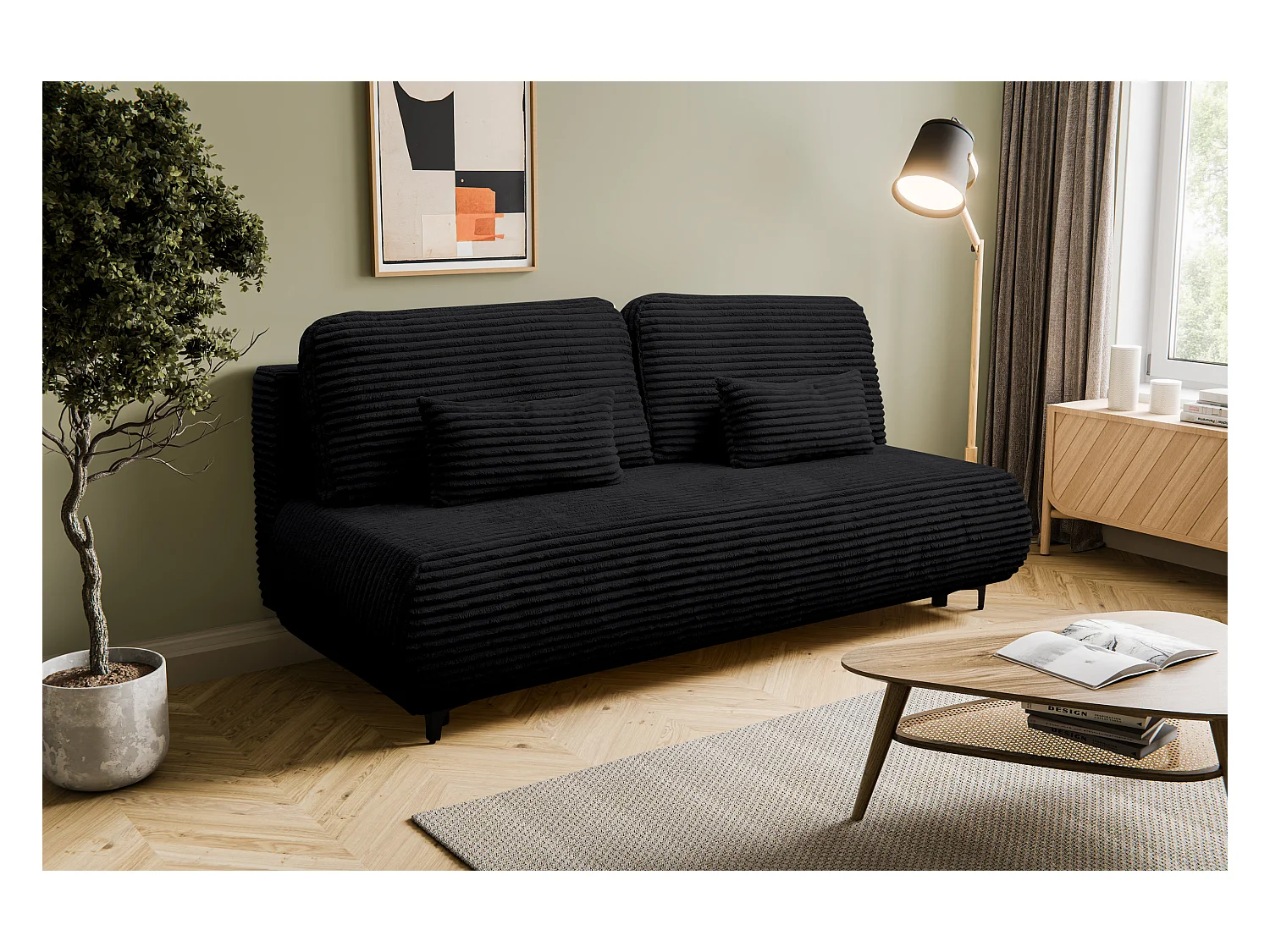 Canapé-lit Etna, canapé avec fonction couchage et coffre de rangement, couleur : noir, tissu cordé, pouf universel
