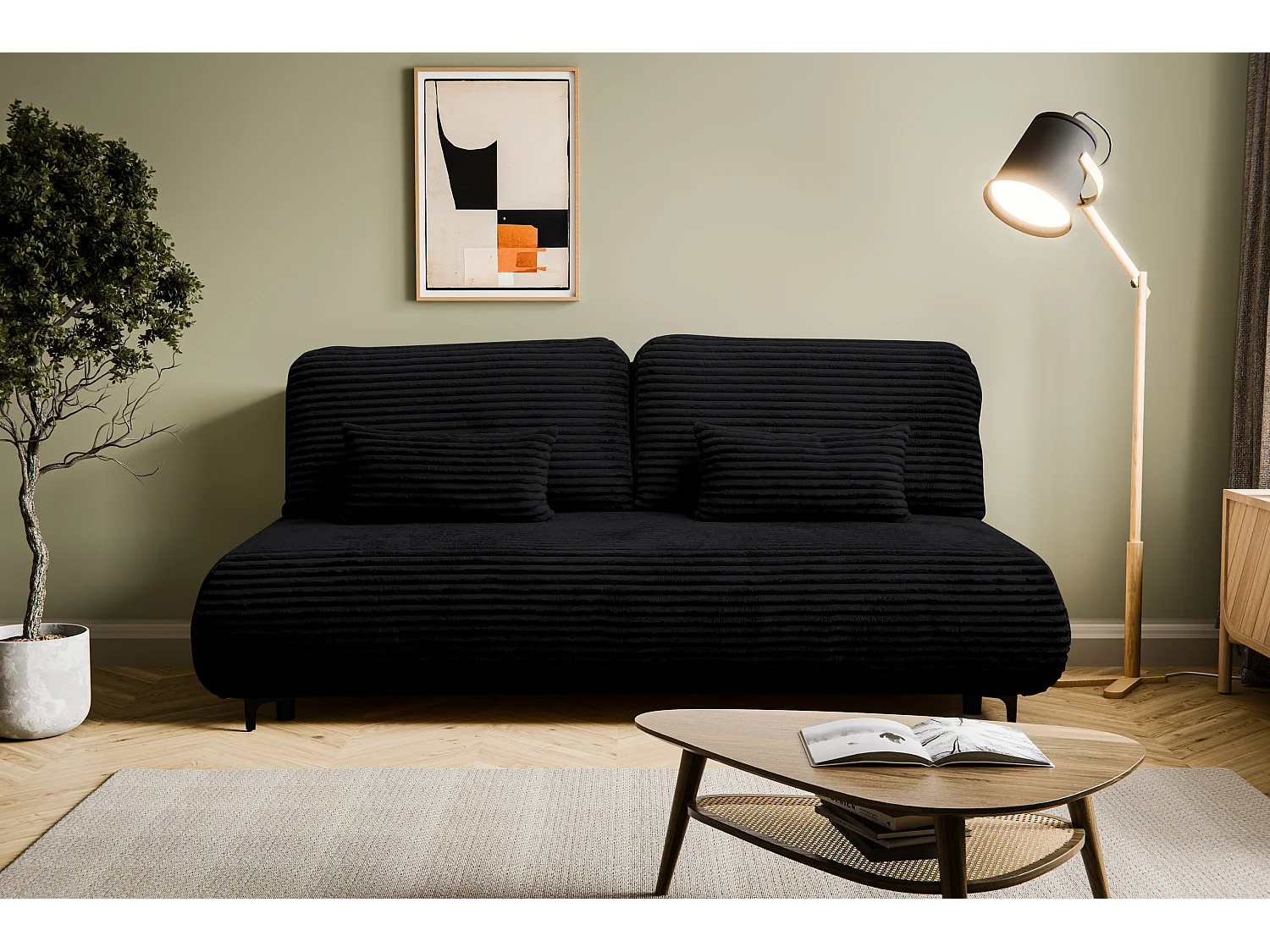 Canapé-lit Etna, canapé avec fonction couchage et coffre de rangement, couleur : noir, tissu cordé, pouf universel