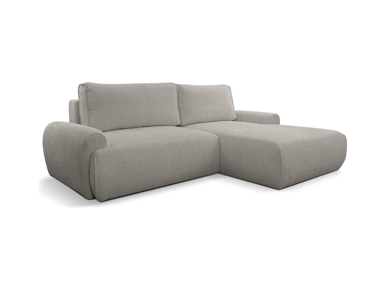 Canapé d'angle Moon avec fonction couchage et coffre de rangement, couleur : gris, tissu bouclé, pouf à droite