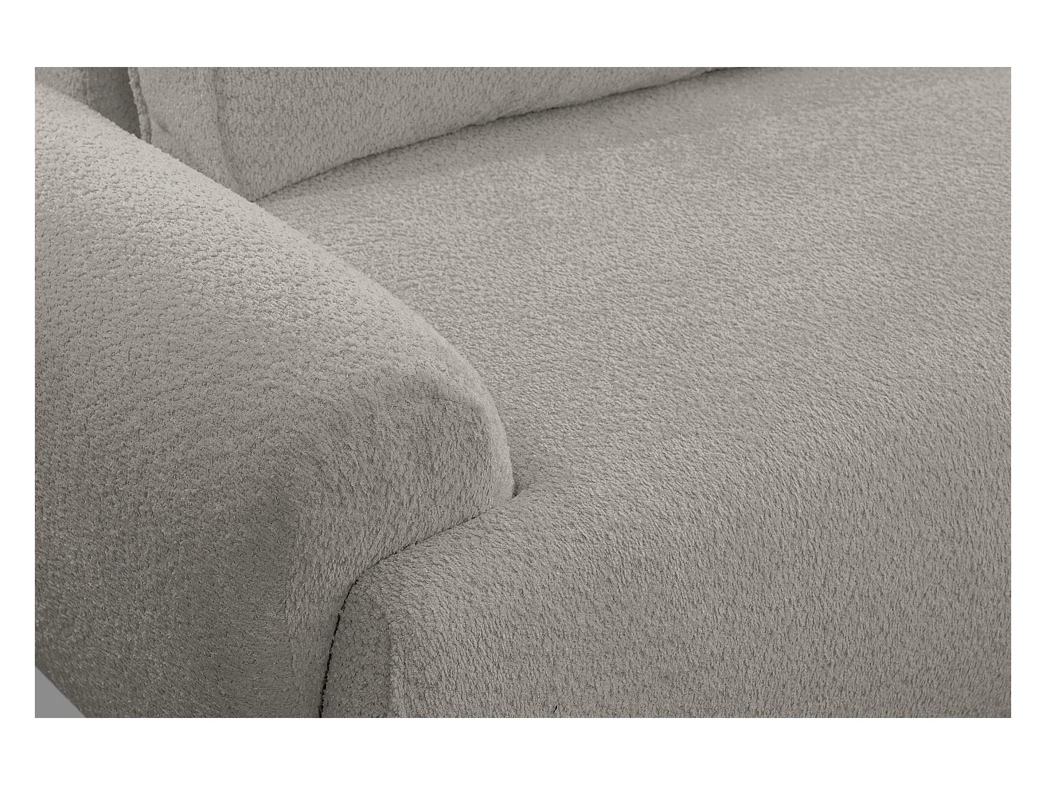 Canapé d'angle Moon avec fonction couchage et coffre de rangement, couleur : gris, tissu bouclé, pouf à droite