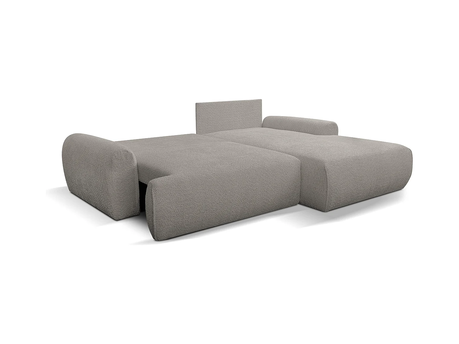 Canapé d'angle Moon avec fonction couchage et coffre de rangement, couleur : gris, tissu bouclé, pouf à droite