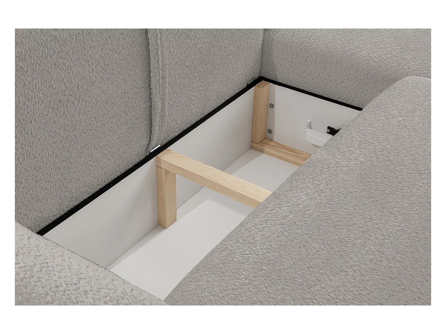 Canapé d'angle Moon avec fonction couchage et coffre de rangement, couleur : gris, tissu bouclé, pouf à droite