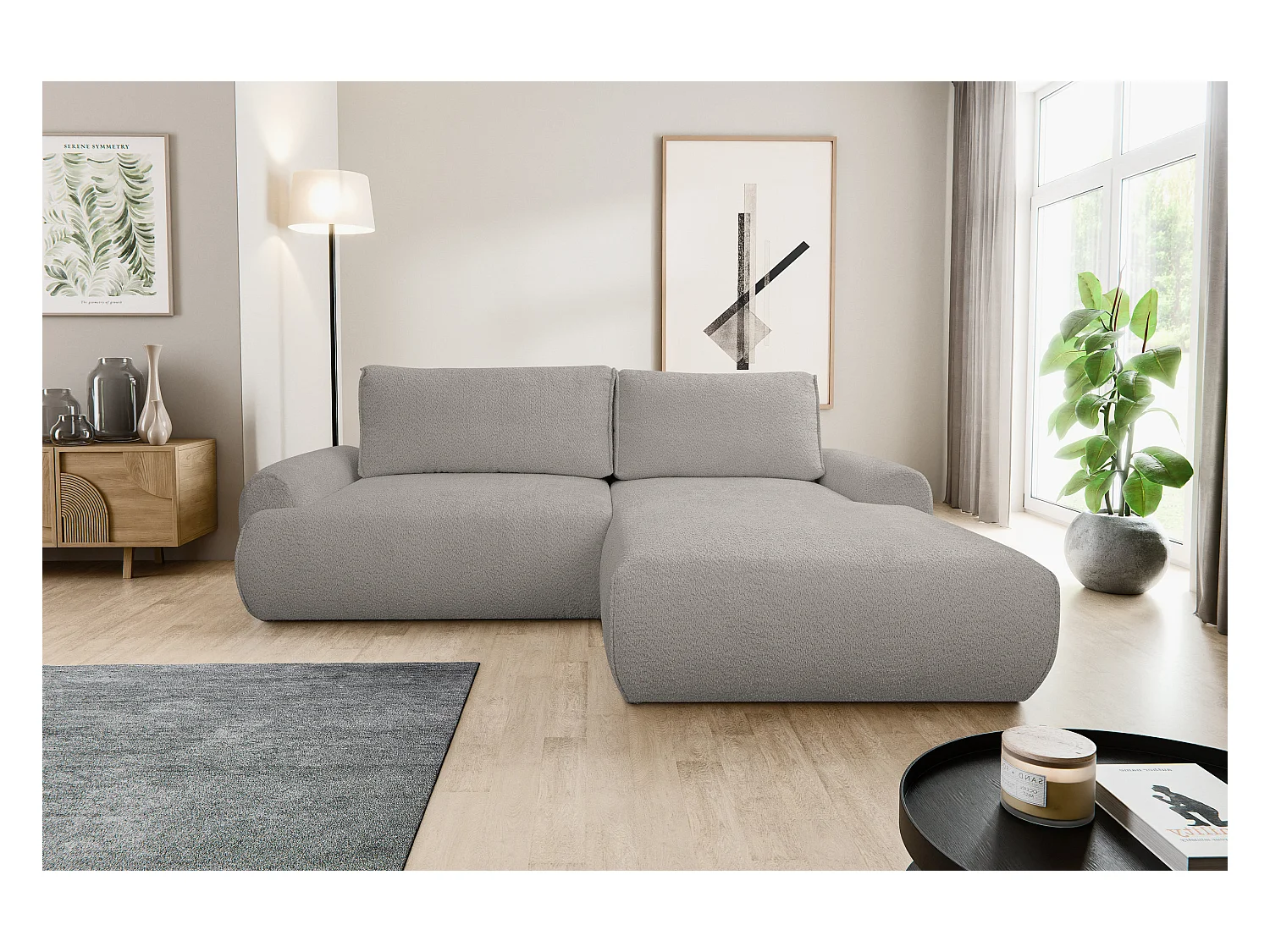 Canapé d'angle Moon avec fonction couchage et coffre de rangement, couleur : gris, tissu bouclé, pouf à droite