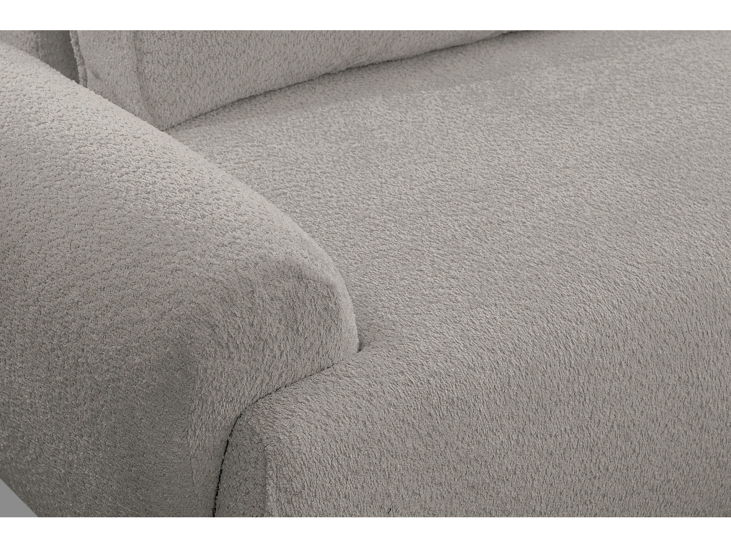 Canapé d'angle Moon avec fonction couchage et coffre de rangement, couleur : gris, tissu bouclé, pouf à droite