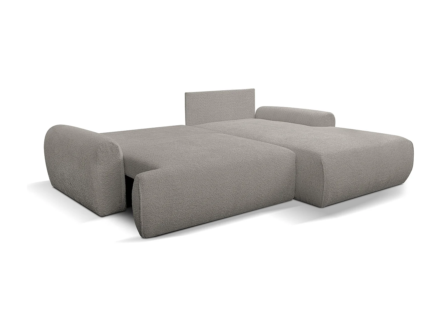 Canapé d'angle Moon avec fonction couchage et coffre de rangement, couleur : gris, tissu bouclé, pouf à droite