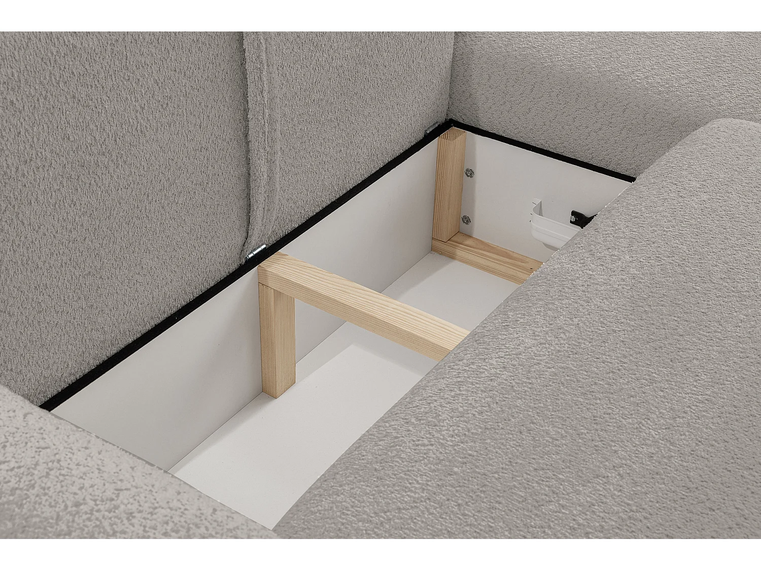 Canapé d'angle Moon avec fonction couchage et coffre de rangement, couleur : gris, tissu bouclé, pouf à droite