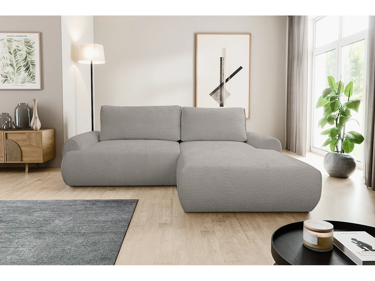 Canapé d'angle Moon avec fonction couchage et coffre de rangement, couleur : gris, tissu bouclé, pouf à droite