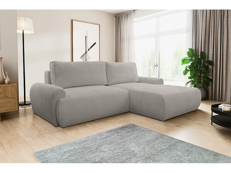 Canapé d'angle Moon avec fonction couchage et coffre de rangement, couleur : gris, tissu bouclé, pouf à droite
